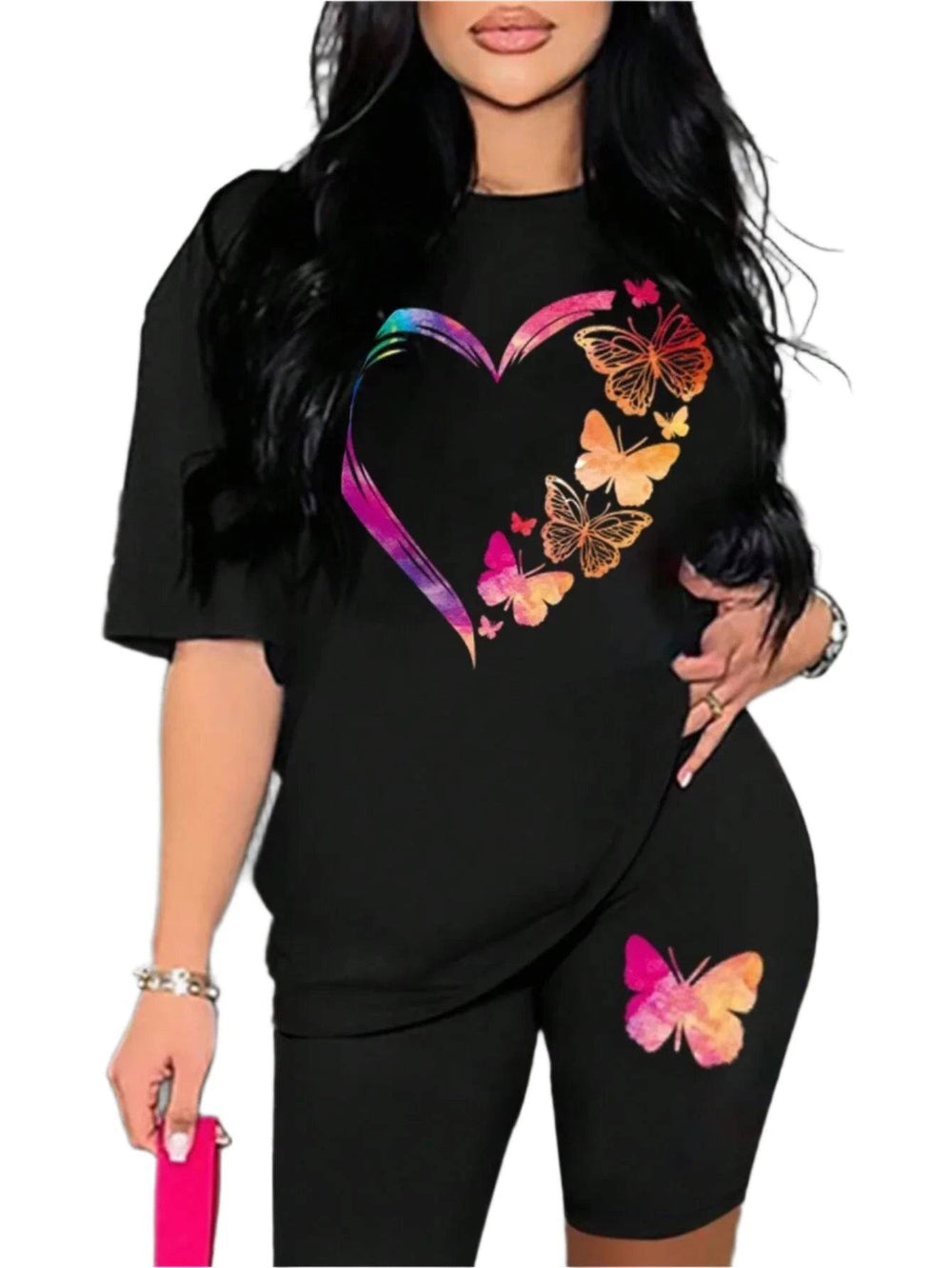 The Love Strung Together By Butterflies Printing Women T Shirts Two Piece Set Fashion Short Sets Comfortable Basic Shirt Shorts