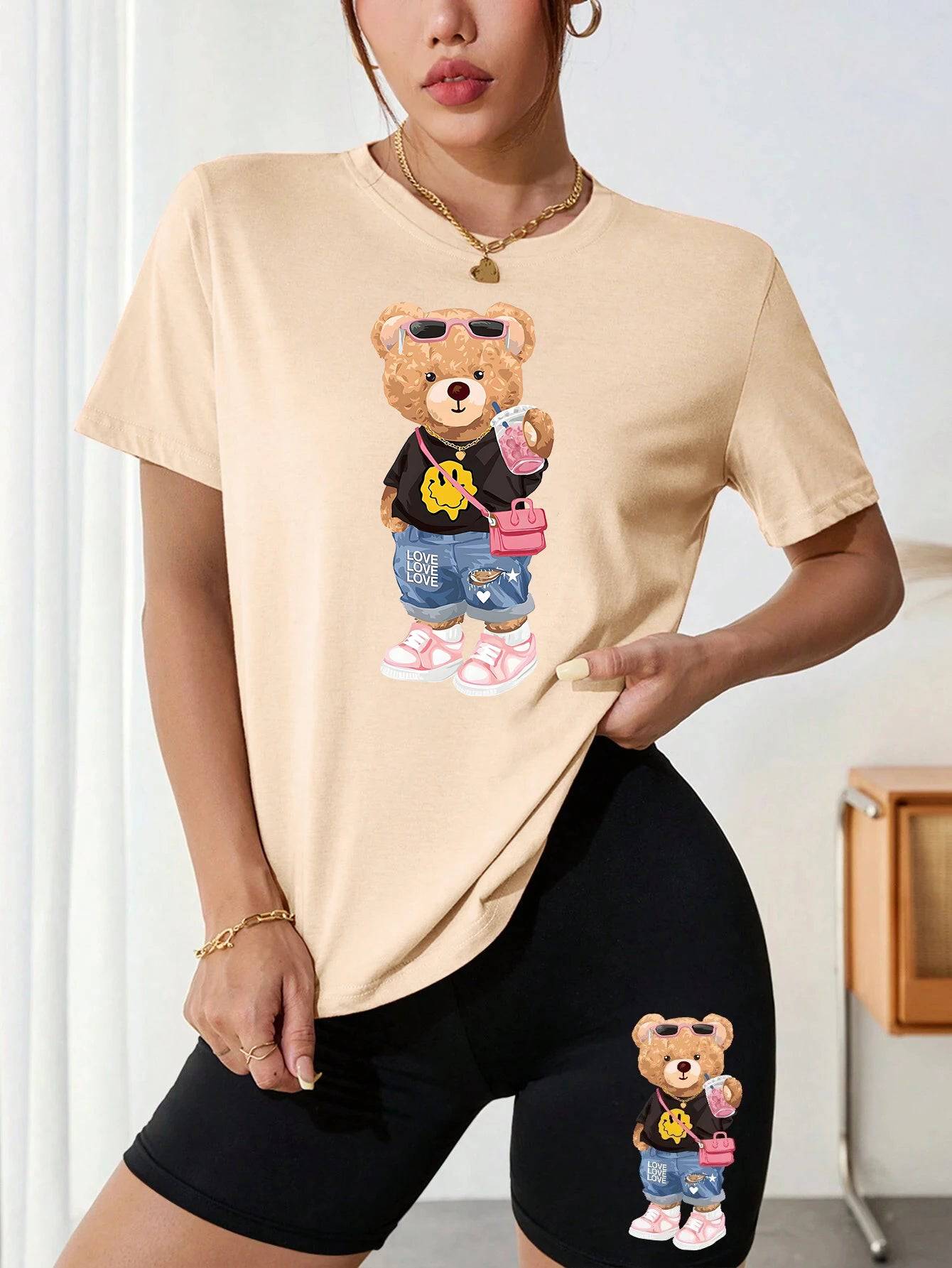 
                  
                    Bear Sister Drinking Milk Tea Printing Women T Shirts Two Piece Set Hip Hopshort Sets Breathable Summer Soft Shirt Shorts Female
                  
                