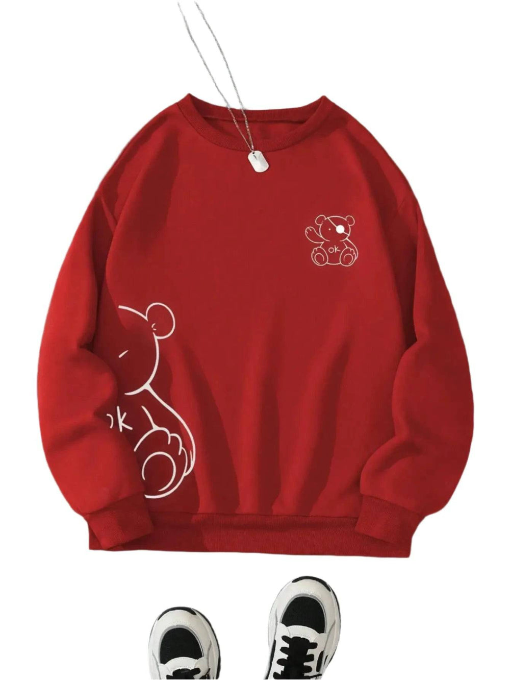 Kawaii OK Teddy bear Printing Sweatshirts For Women Classic Retro Fashion Hoodies Fleece Warm Casual Clothes Loose Sportswear