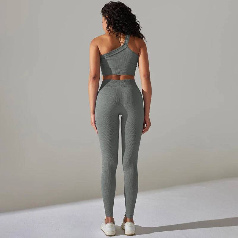 
                  
                    Sexy Gym Sportswear Set One Shoulder Crop Top High Waist Leggings Ribbed Two Piece Set Workout Clothes For Women Yoga Wear
                  
                