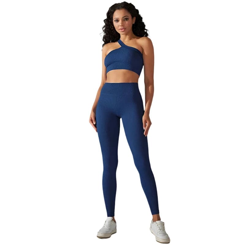 Sexy Gym Sportswear Set One Shoulder Crop Top High Waist Leggings Ribbed Two Piece Set Workout Clothes For Women Yoga Wear