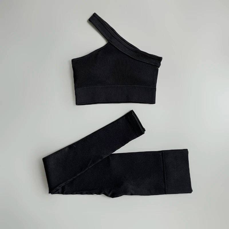 
                  
                    Sexy Gym Sportswear Set One Shoulder Crop Top High Waist Leggings Ribbed Two Piece Set Workout Clothes For Women Yoga Wear
                  
                