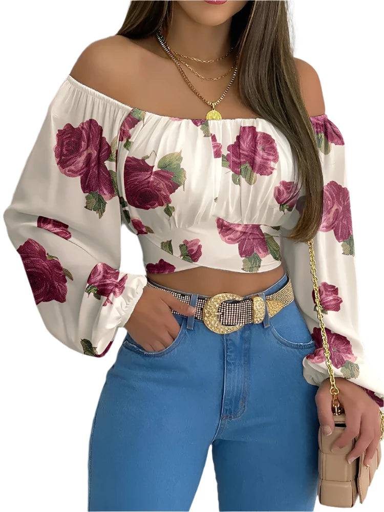 Women Elegant Boho Print Blouse Casual Long Lantern Sleeve Off Shoulder Slim Shirt Female Chic Cropped Top Summer Tunics