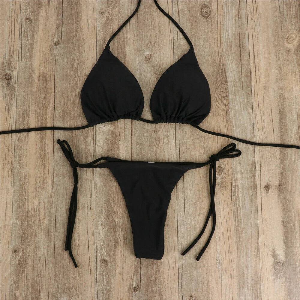 
                  
                    Women Sexy Hanging Neck Thong Bikini Set Side Tie Swimsuit Bandage Style Brazilian Swimwear Split Strap Female Swimsuit Set
                  
                