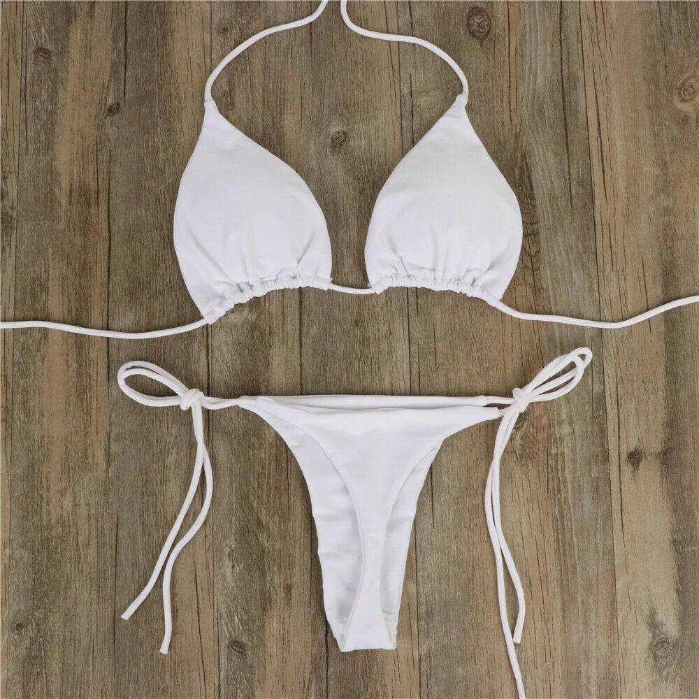 
                  
                    Women Sexy Hanging Neck Thong Bikini Set Side Tie Swimsuit Bandage Style Brazilian Swimwear Split Strap Female Swimsuit Set
                  
                