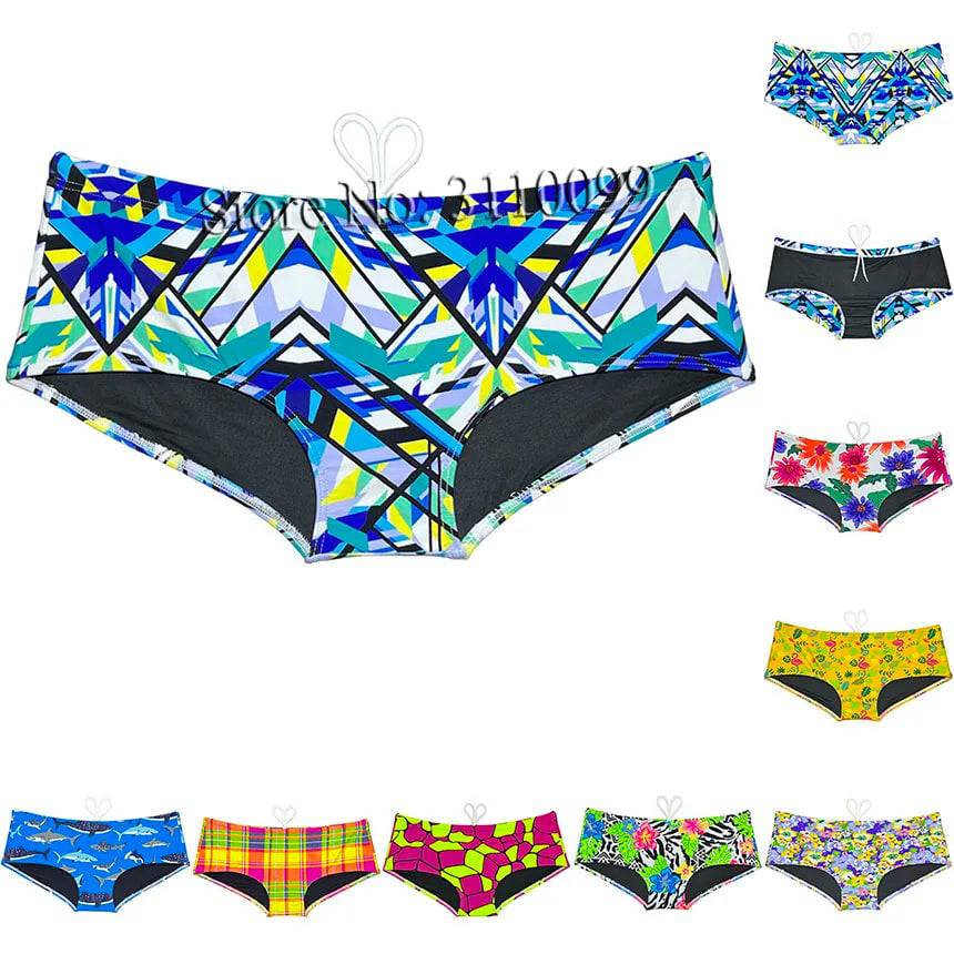 Men's Swimwear Printed Swim Briefs Board Surf Shorts Boxer Swimsuits Drawstring Underwear