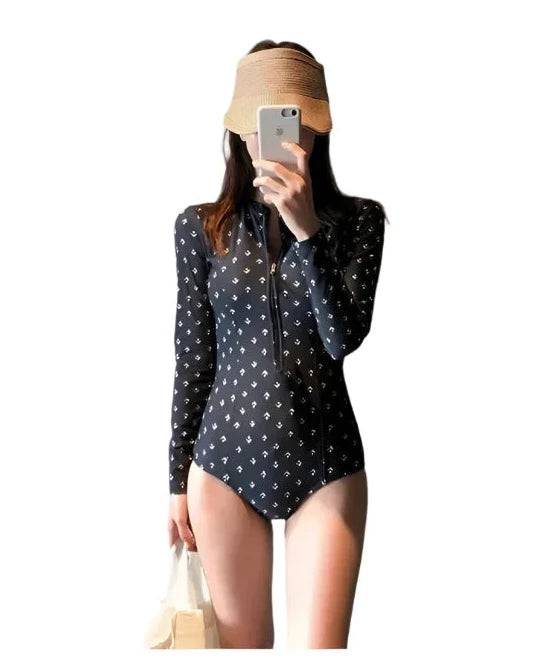 2024 Sexy Swimsuit Long Sleeve Sunscreen Diving Suit Slim Belly Covering One-Piece Swimming Suit