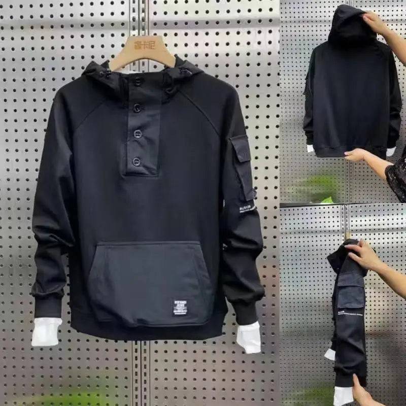 
                  
                    Y2K Techwear Autumn New Button Hooded Tracksuit Men Cotton Cargo Hoodie Fashion Mens Streetwear Pocket Patchwork Black Hoodies
                  
                