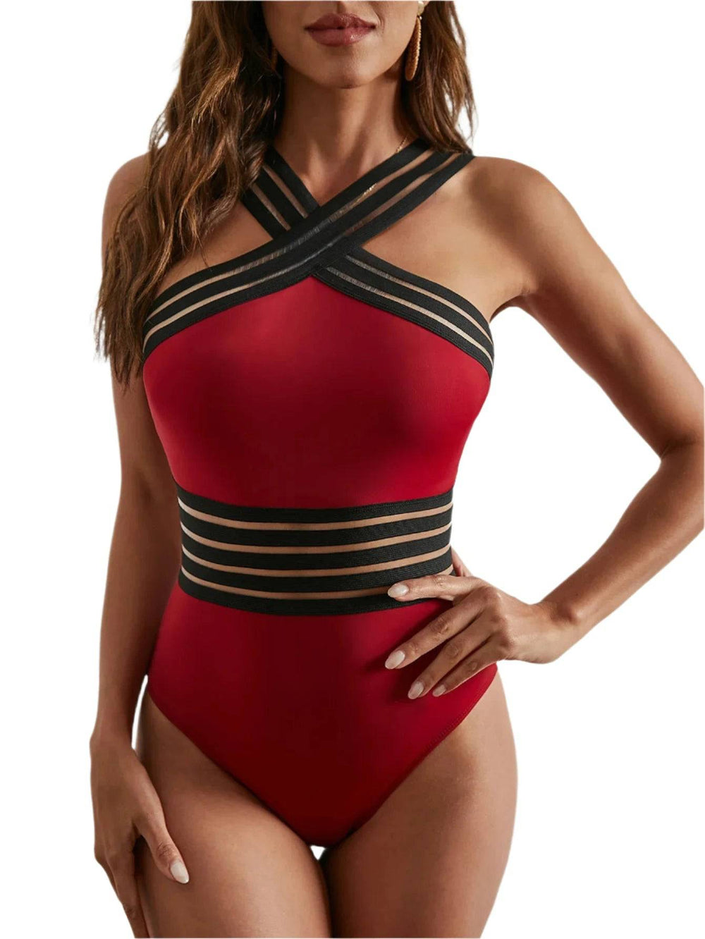 2024 women one piece swimsuit sexy  Mesh splicing swimwear push up bathing suits solid halter female beachwear Monokini Bodysuit