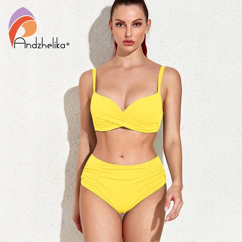 
                  
                    Andzhelika Black High Waisted bikini Swimsuit Woman Plus Size Swimwear 2022 Solid Tummy Control Two Piece Bathing Suits Biquini
                  
                