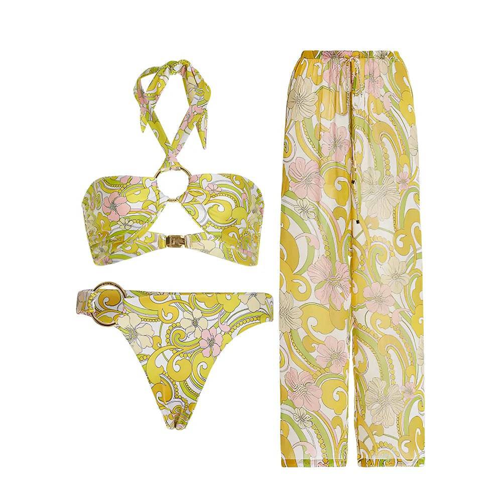 Yellow Printed Patchwork Swimsuit Women Three-Piece Swimwear High Waist Slim Fit  Strap Bikini Sexy Fashion Beachwear Backless