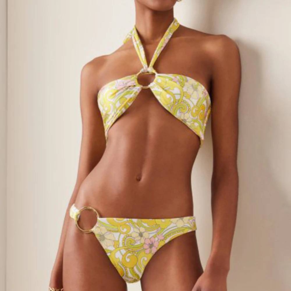 
                  
                    Yellow Printed Patchwork Swimsuit Women Three-Piece Swimwear High Waist Slim Fit  Strap Bikini Sexy Fashion Beachwear Backless
                  
                