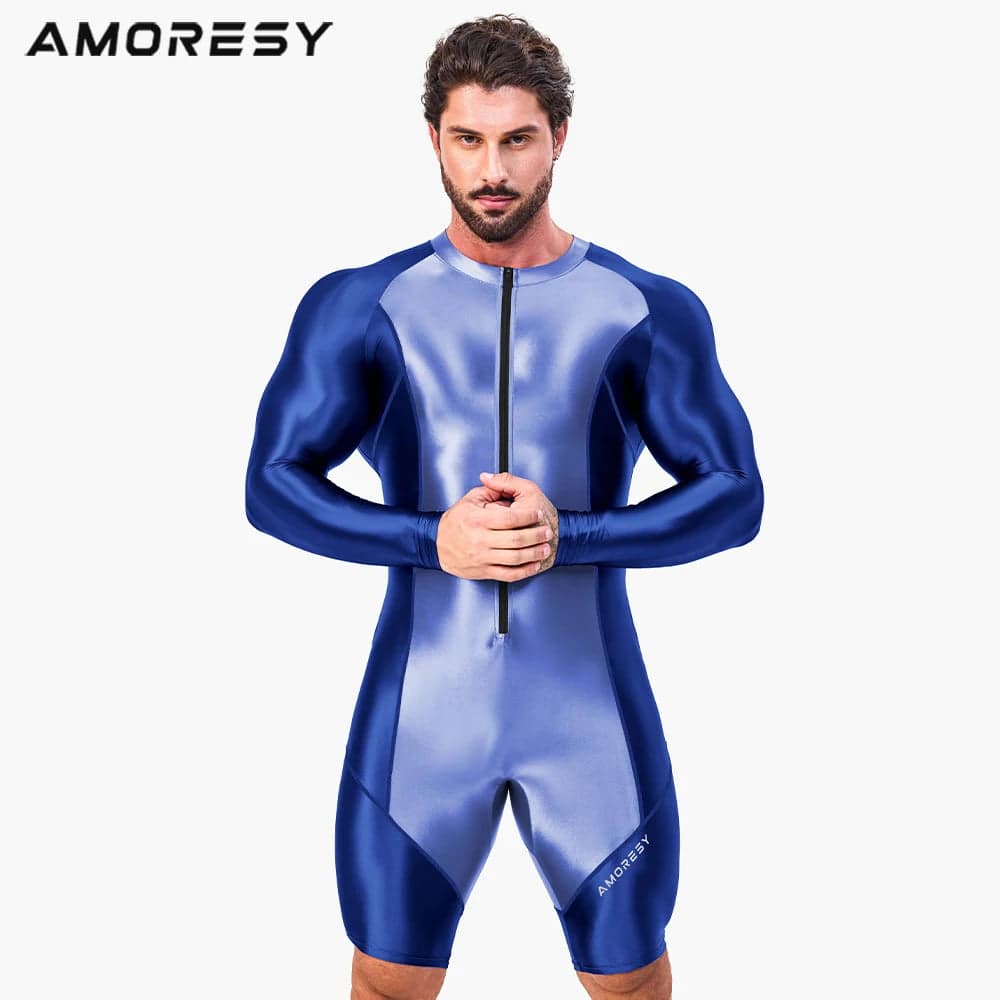 
                  
                    AMORESY Men Tracksuits Sets Tops Leggings Shiny Glossy Sports Fitness Running Front Zipper Overall Catsuit All-purpose Jumpsuits
                  
                