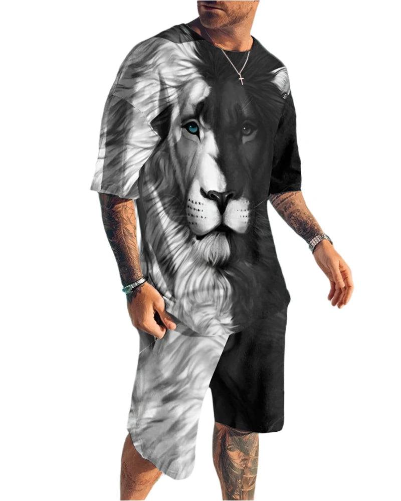 Summer Men Casual T-shirt Sets For Man Tracksuit Fashion 2-piece Oversize Outfit Animal Lion Tiger Suit Gym Streetwear 2023