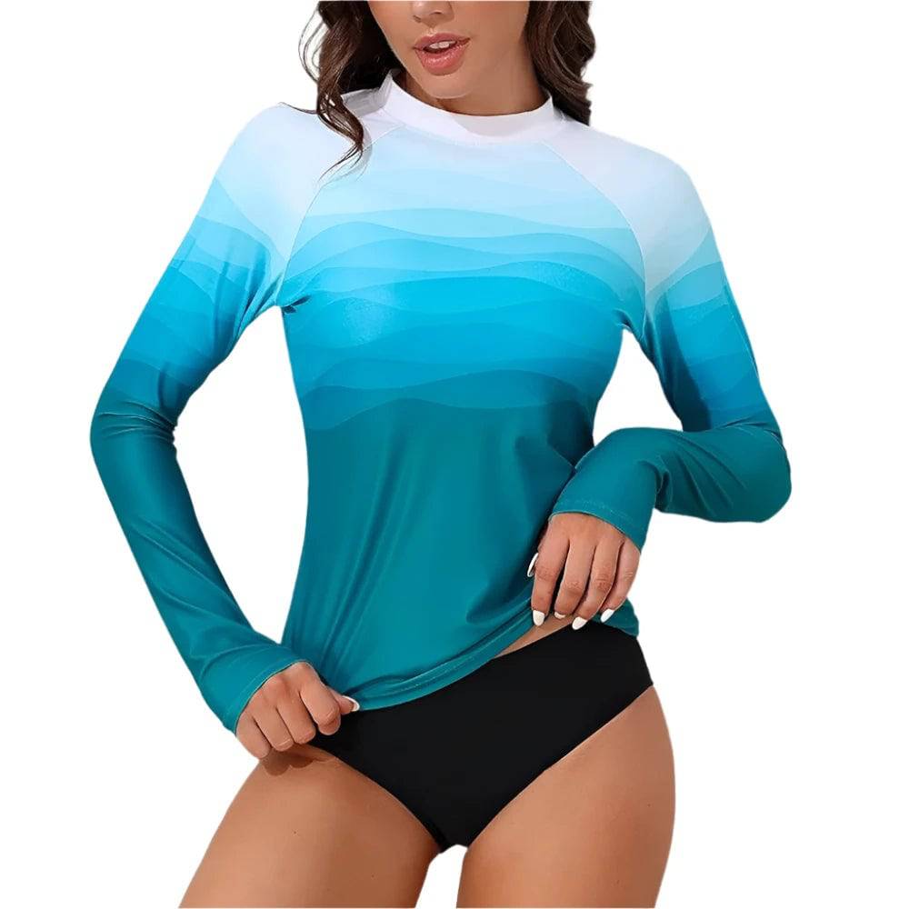 Anfilia Women Rashguard Long Sleeves Printed Crew Neck with Thumb Holes Surfing Shirt Skin-Friendly UPF 50+ Swimsuit