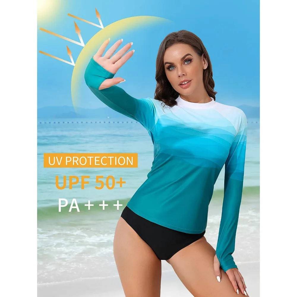 
                  
                    Anfilia Women Rashguard Long Sleeves Printed Crew Neck with Thumb Holes Surfing Shirt Skin-Friendly UPF 50+ Swimsuit
                  
                